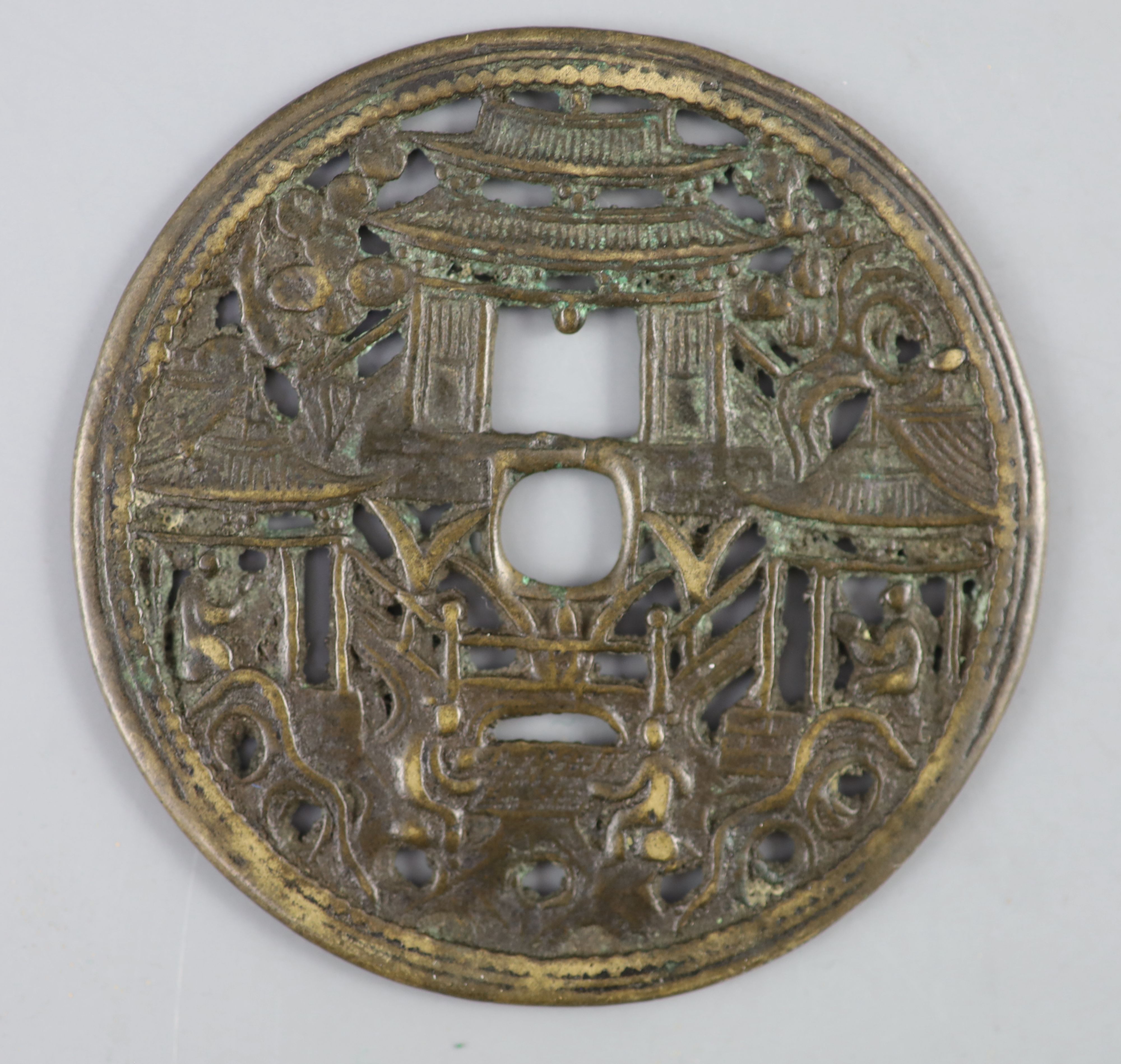 China, a large cast bronze openwork figures amid pavilions charm, Ming or Qing dynasty, Mandel 8.9.1,